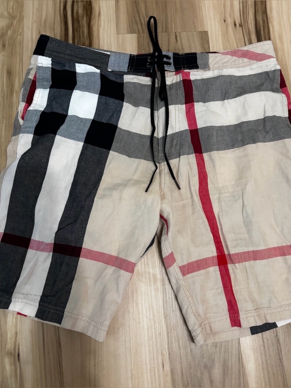 Burberry Men's Plaid Swim Shorts in Beige, Black & Red Stripe